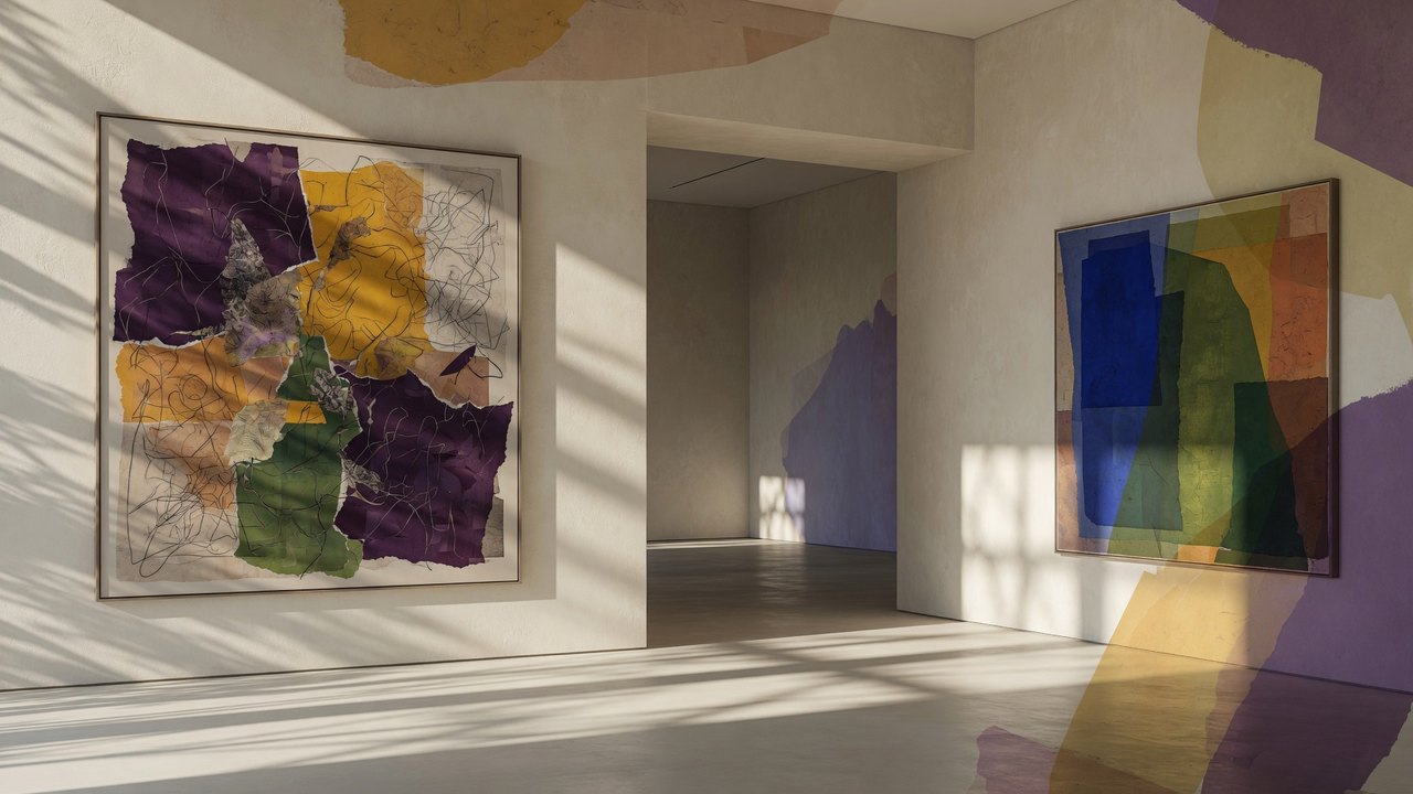 Empty contemporary gallery displaying original abstract works