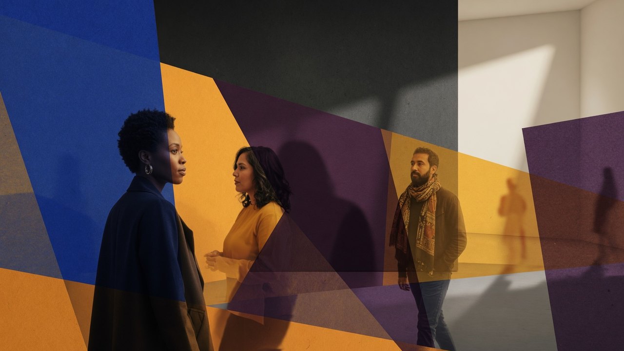 Fictional adults viewing art in a geometric gallery