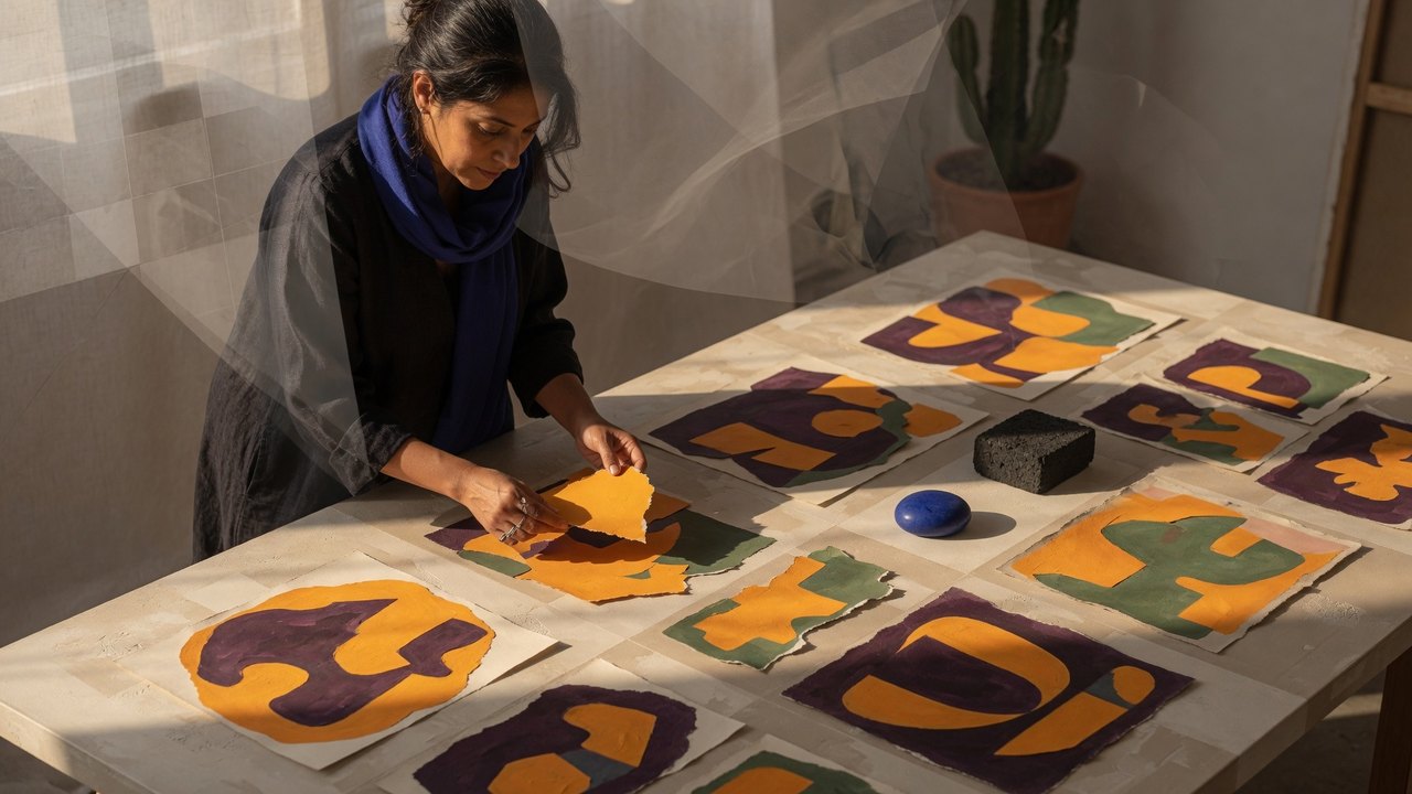 Adult hands arranging fictional artwork cards on a table