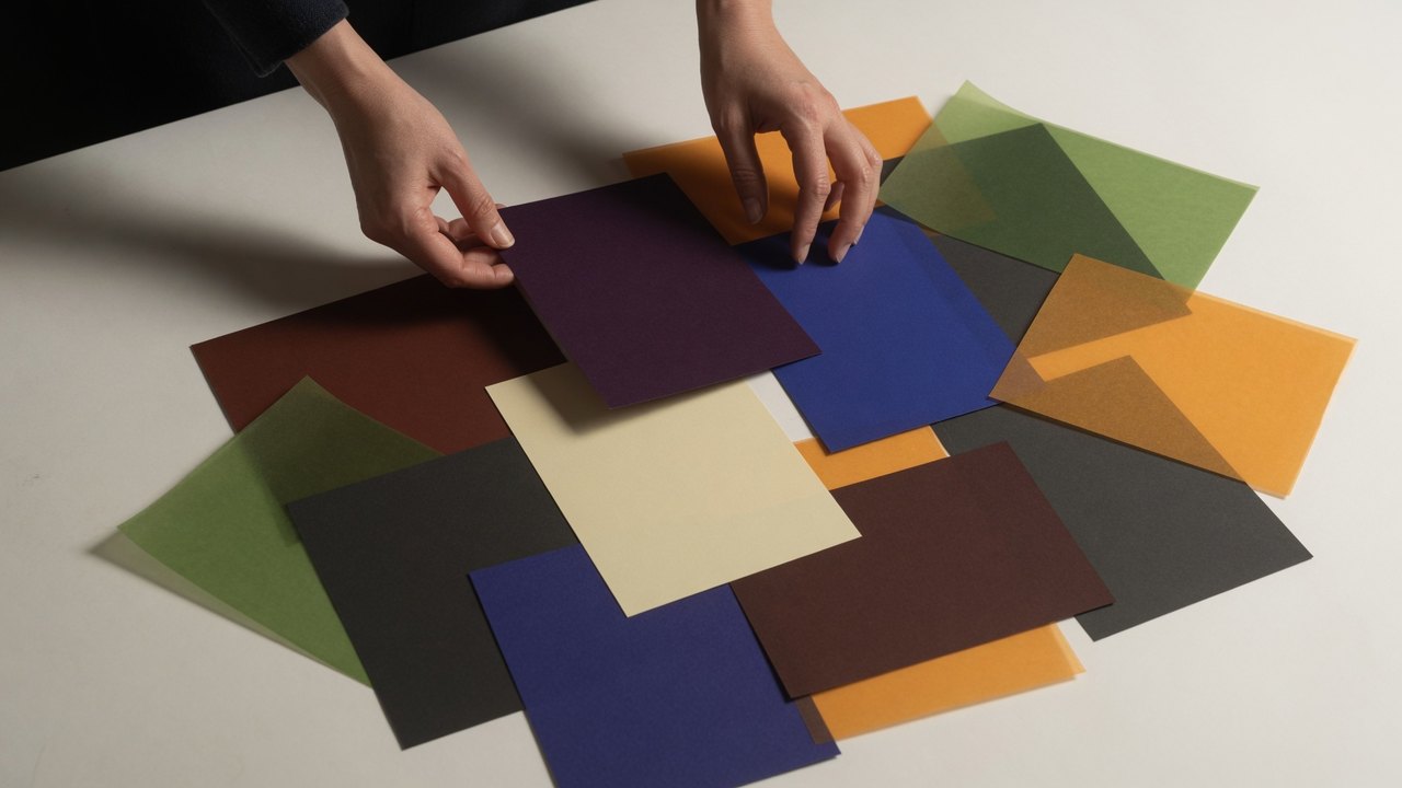 Adult hands layering translucent color cards