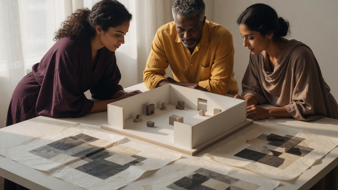 Fictional adults discussing a gallery model around a table
