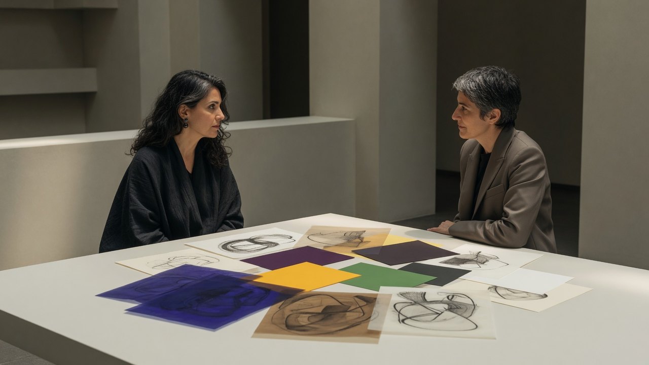 Two fictional adults reviewing an artwork layout