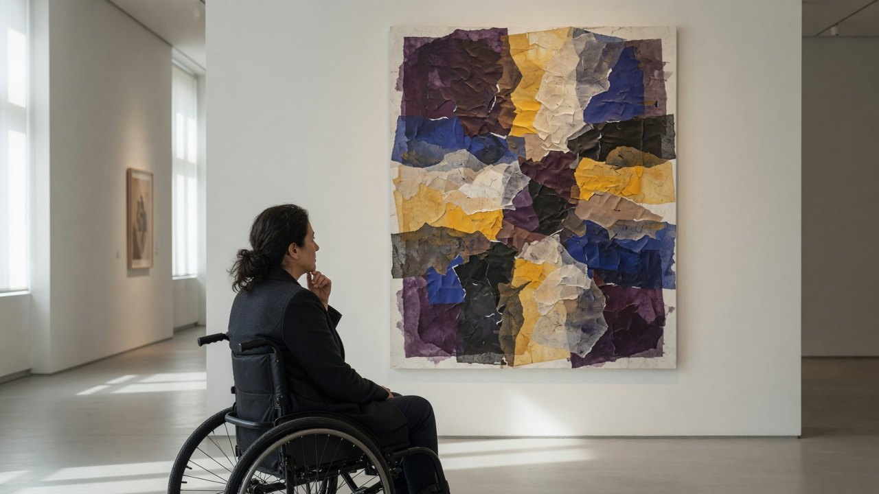 Adult wheelchair user independently viewing original art along a wide gallery path